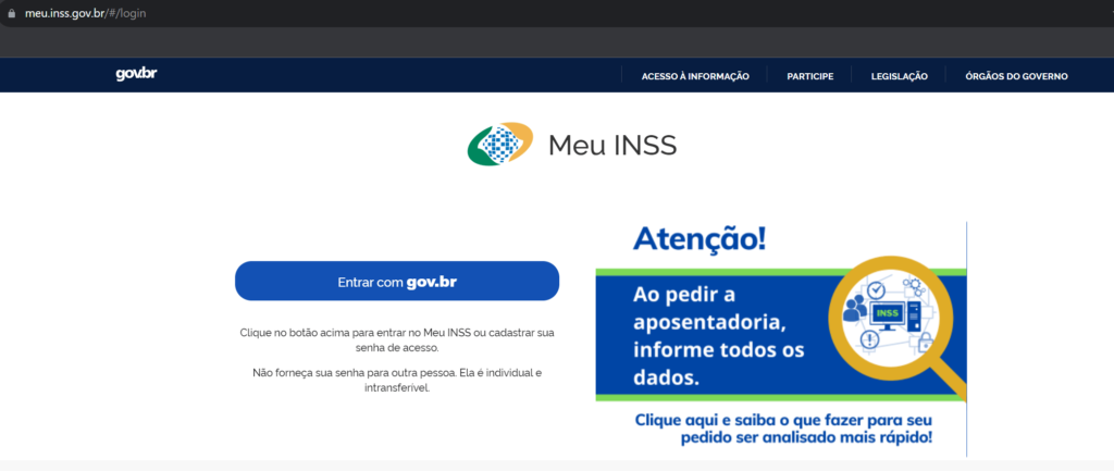 Tela de login do Meu INSS